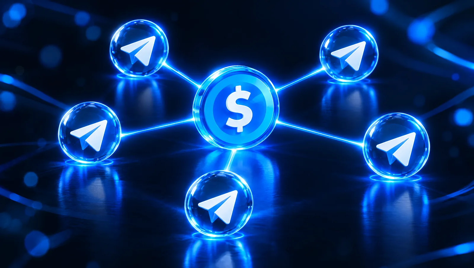 A central coin connected to five glass spheres, each with a paper-plane symbol.